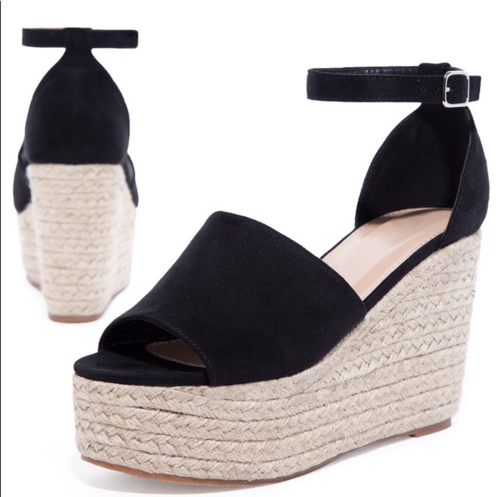 Black Wedge Faux Suede Peep Toe Espadrille Sandals - Picture 2 of 5
